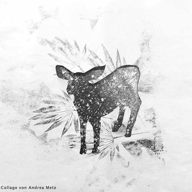 Genial Zeichnen - Sternenstaub und Druckwalze - Workshop von Maja Oschmann - Tiere zeichnen, Drucken und Collagieren - Reh im Wald - Copyright Teilnehmerin Andrea Metz